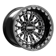 Slayer R Beadlock wheels black contrast cut on display, featuring a sleek gloss black finish and precision design.
