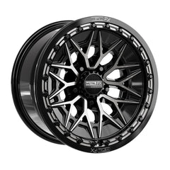 Alpha R beadlock wheels in gloss black with a stylish DDT face and intricate design, perfect for high horsepower UTVs.