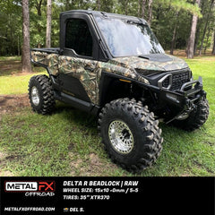 Delta R beadlock wheels on a UTV with camo design, showcasing strength and style in an outdoor setting.