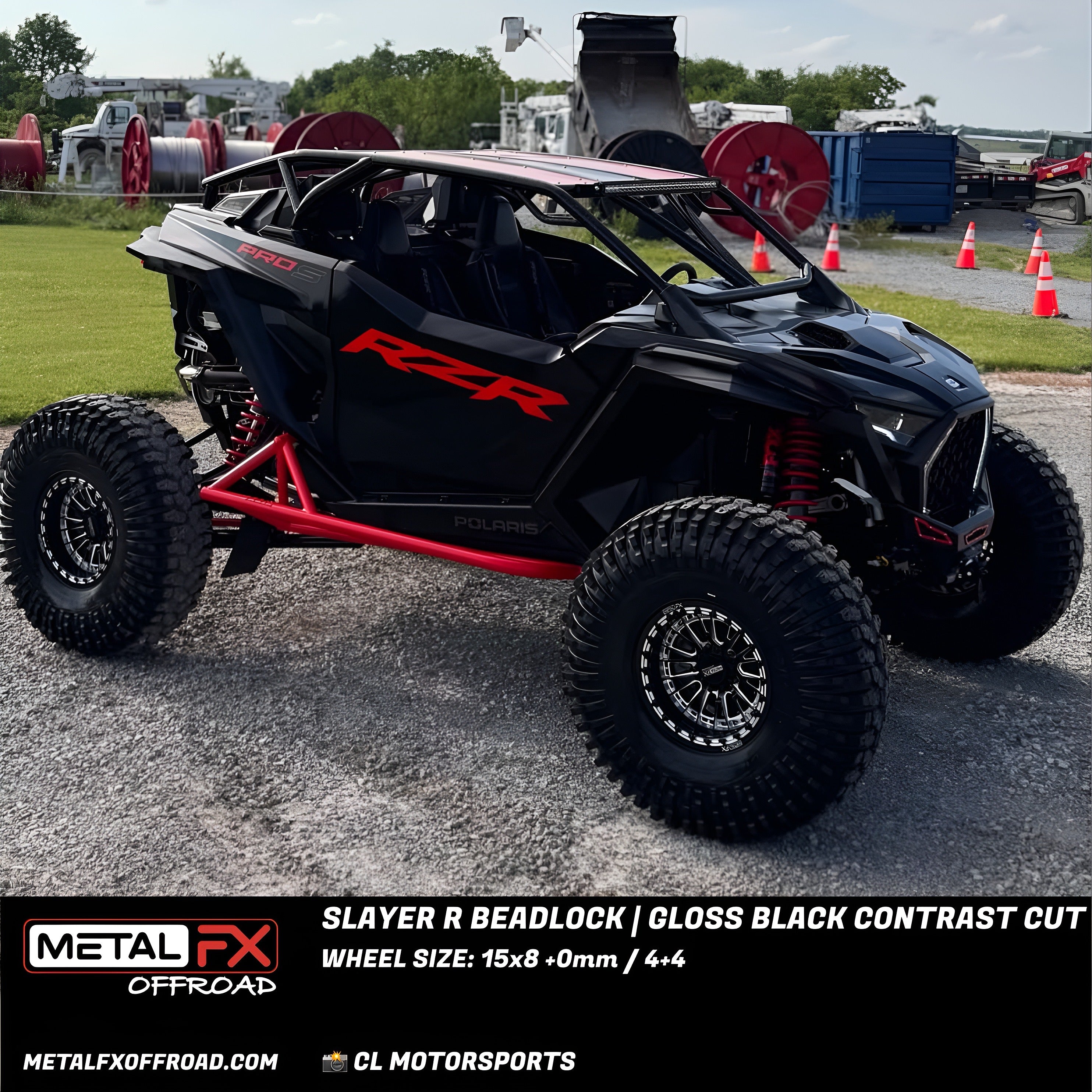 Slayer R Beadlock wheels black contrast cut on a modified UTV with offroad tires and a sporty design.