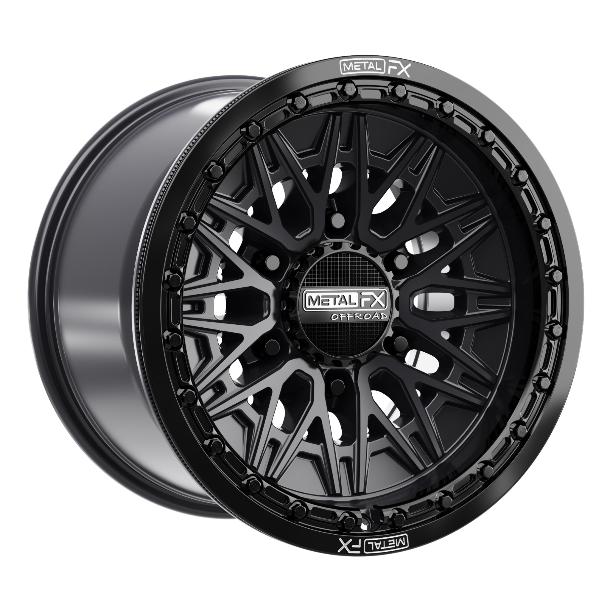Alpha 6R beadlock wheels in satin black finish with gloss black ring, designed for high performance UTVs.