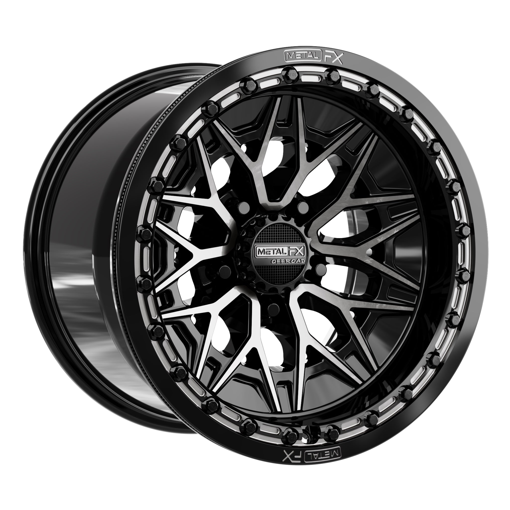 Alpha R beadlock wheels in gloss black finish by Metal FX, showcasing a stylish and durable design for high-performance UTVs.