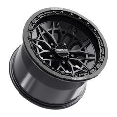 Alpha R Beadlock wheels in satin black with gloss black ring, designed for high-performance UTVs.