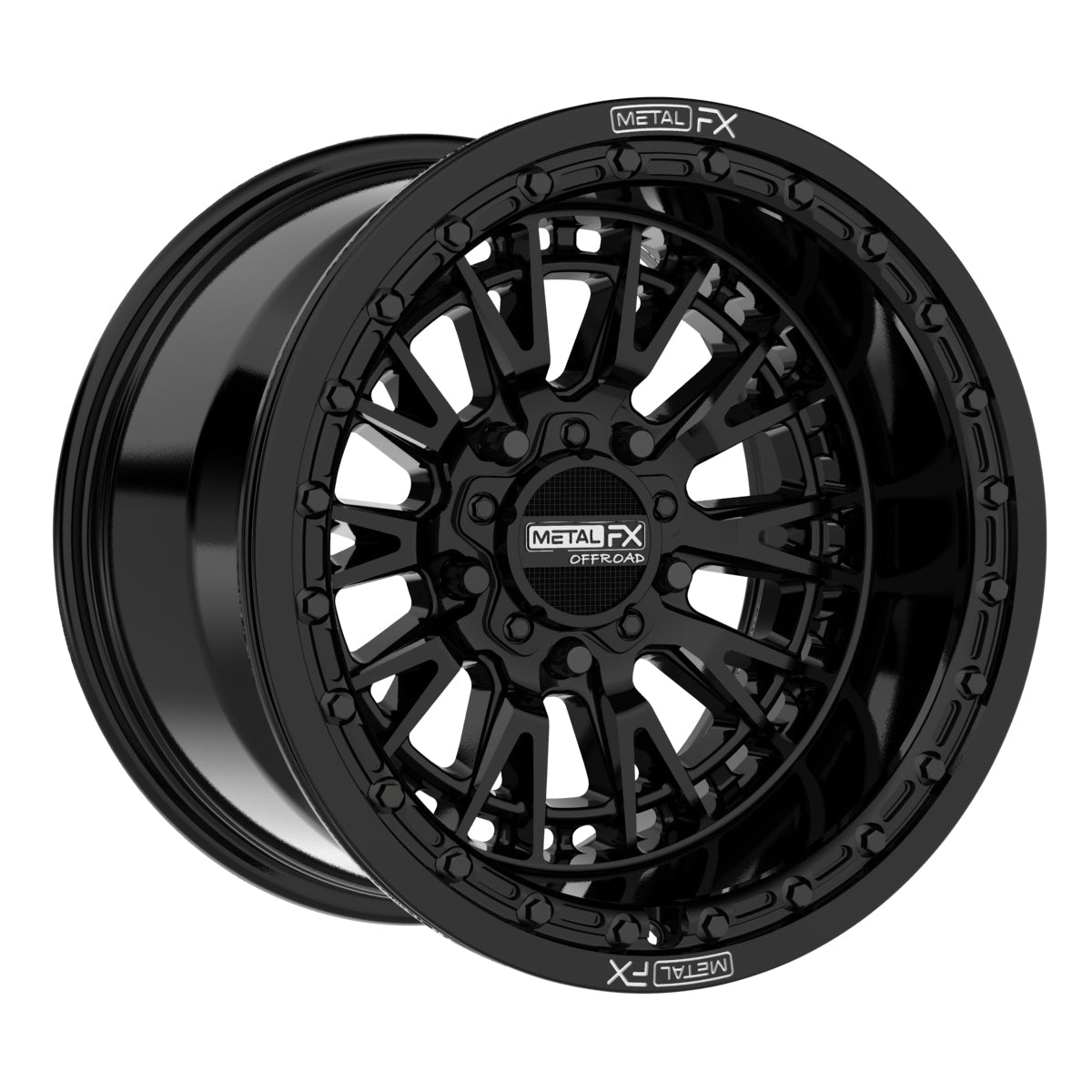 Replacement beadlock rings for UTV wheels on Metal FX black cast wheel, showcasing rugged design.