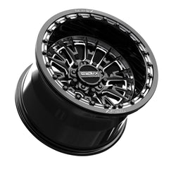 Slayer R Beadlock wheels black contrast cut displayed from a dynamic angle showcasing intricate design and craftsmanship.
