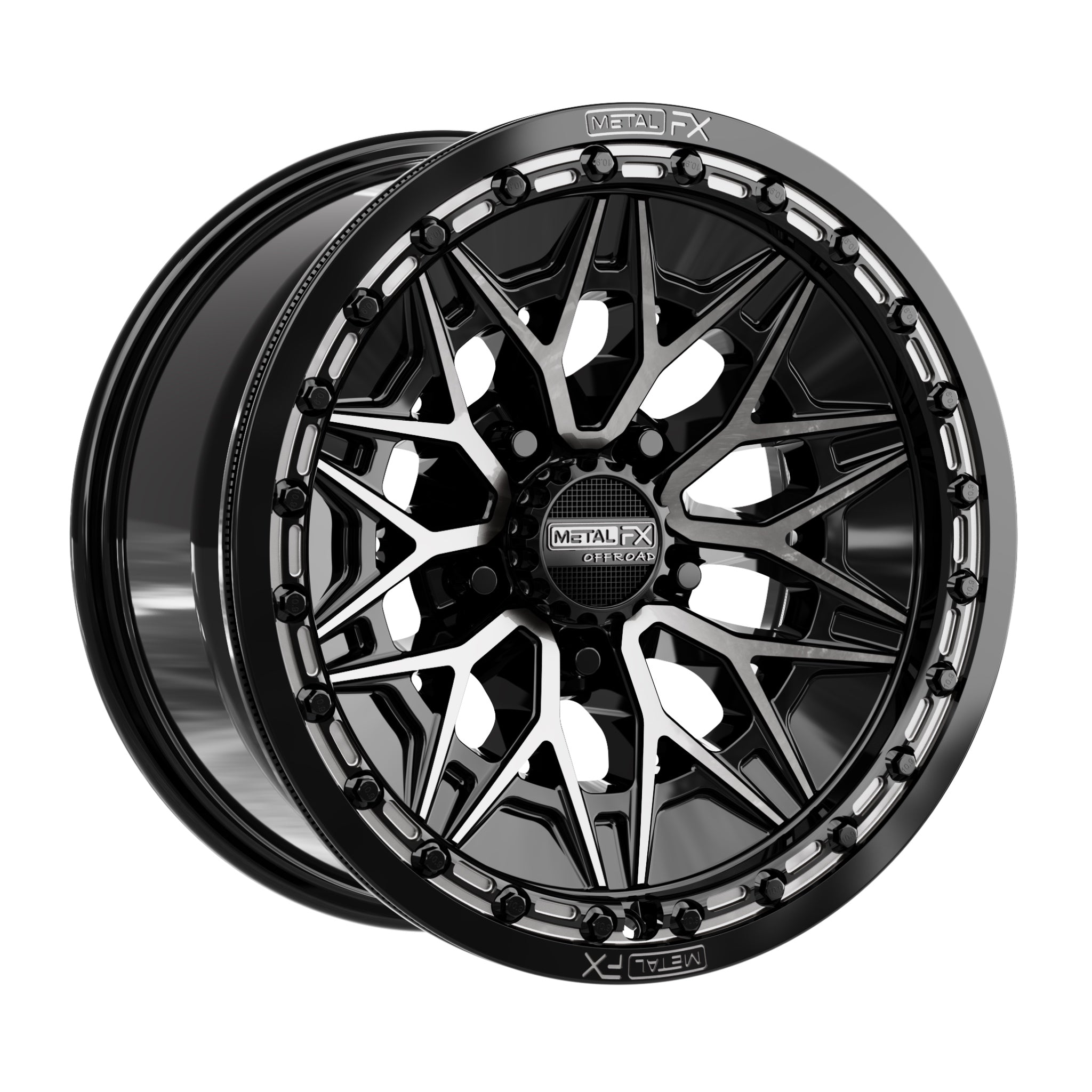 Alpha R beadlock wheels in gloss black with a stylish DDT face and intricate design, perfect for high horsepower UTVs.