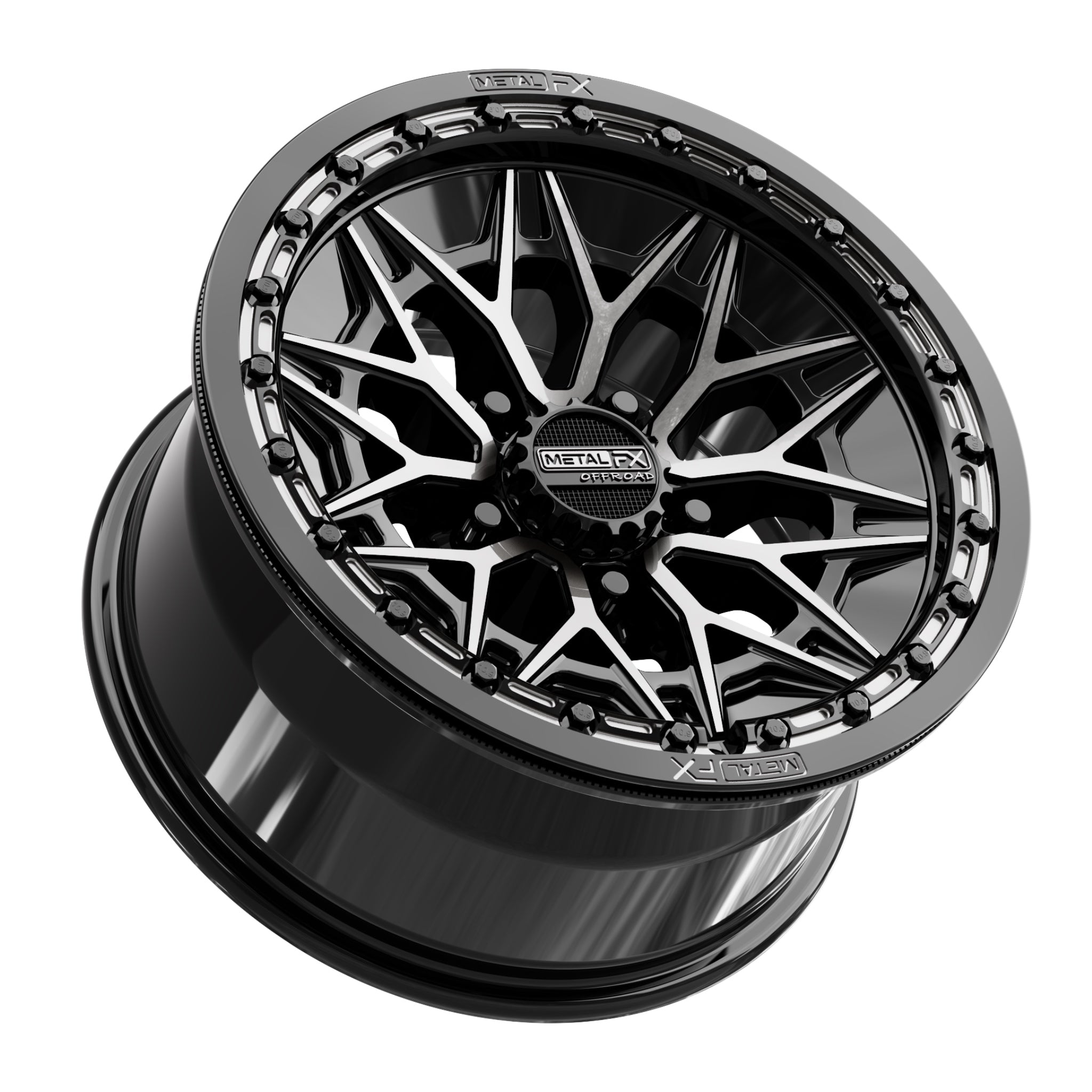 Alpha R beadlock wheels in gloss black finish, designed for high-performance UTVs and rugged terrains.