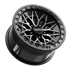 Alpha R beadlock wheels in gloss black finish, designed for high-performance UTVs and rugged terrains.