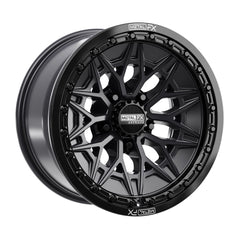 Alpha R Beadlock wheels featuring satin black finish with gloss black ring for UTV performance.