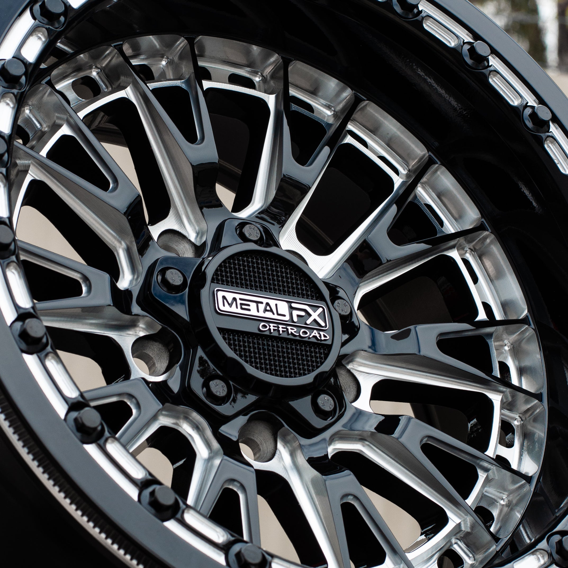 Slayer R Beadlock wheels black contrast cut - Metal FX Offroad UTV wheel design featuring gloss black finish.