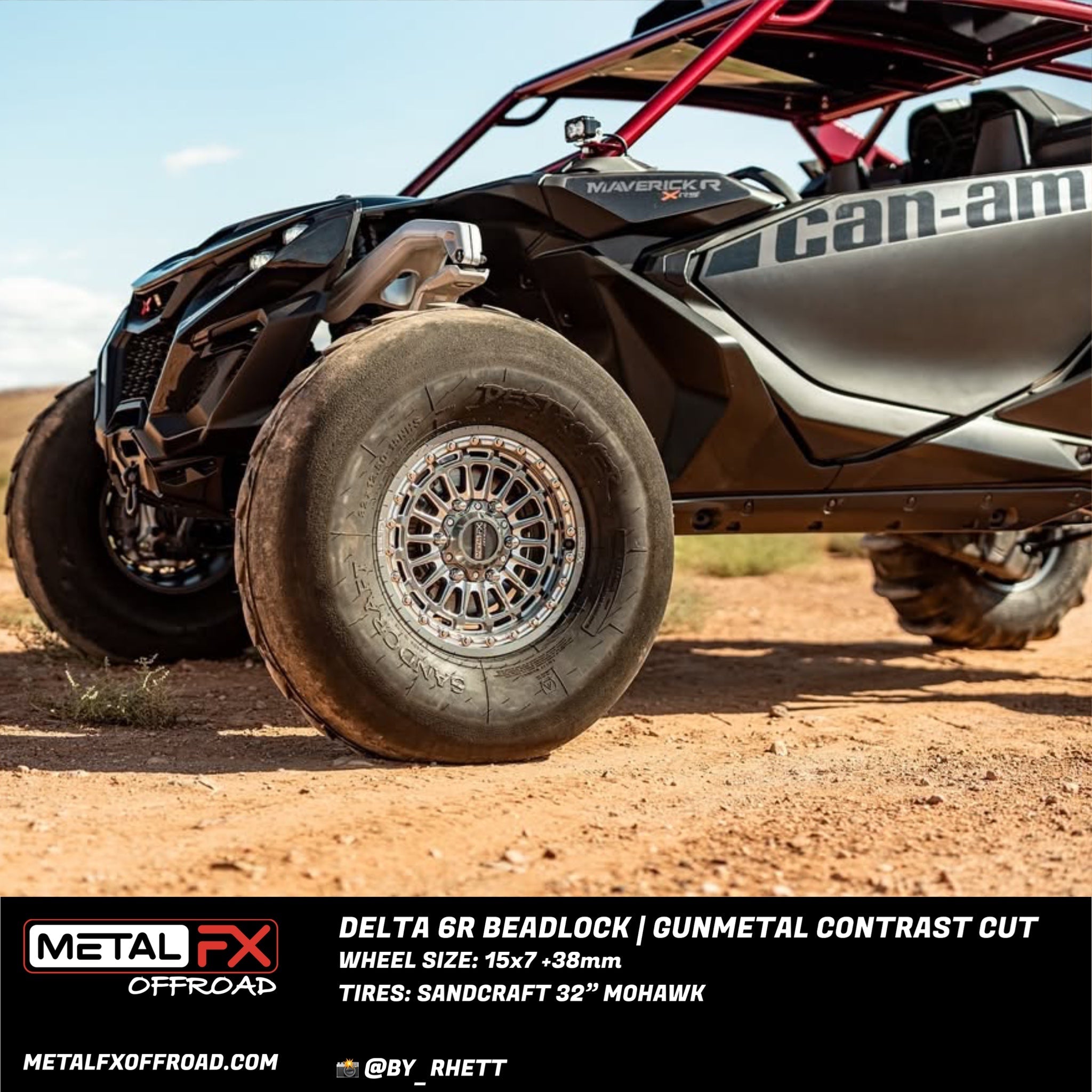 Delta 6R Beadlock wheels showcasing gunmetal contrast cut on a Can-Am Maverick R offroad vehicle in the desert.
