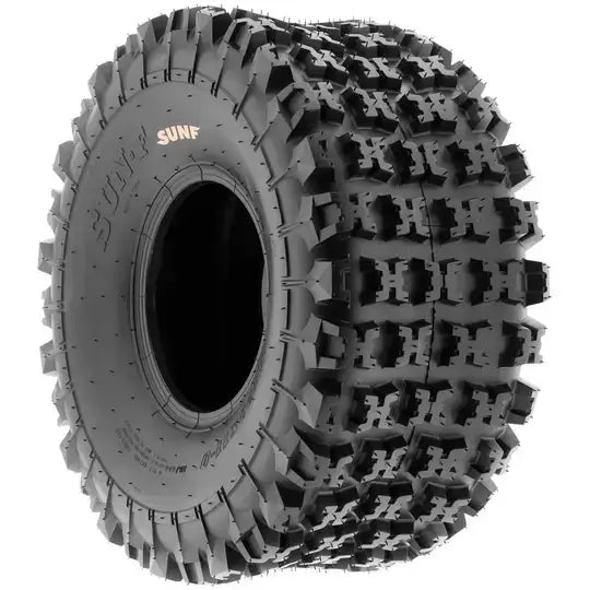 Heavy-duty SunF tire with rugged tread design for off-road vehicles.