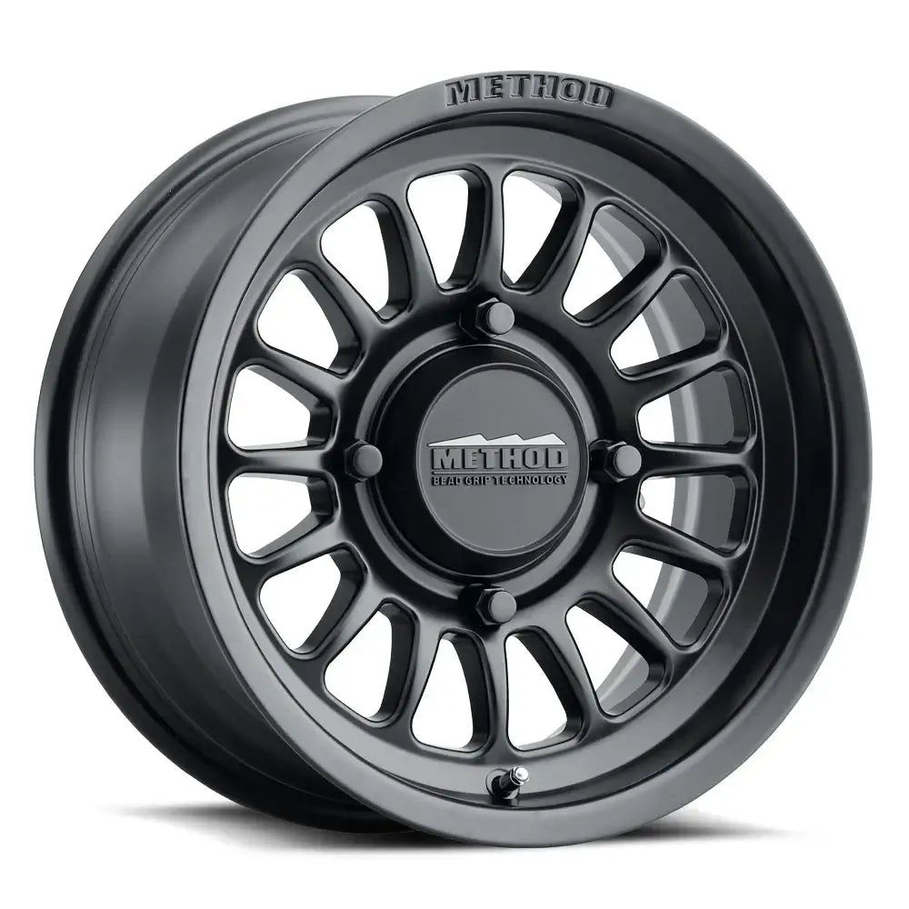 411 UTV Bead Grip Matte Black UTV Wheel showcasing a 16 spoke design with METHOD logo, perfect for matte black UTV wheels.