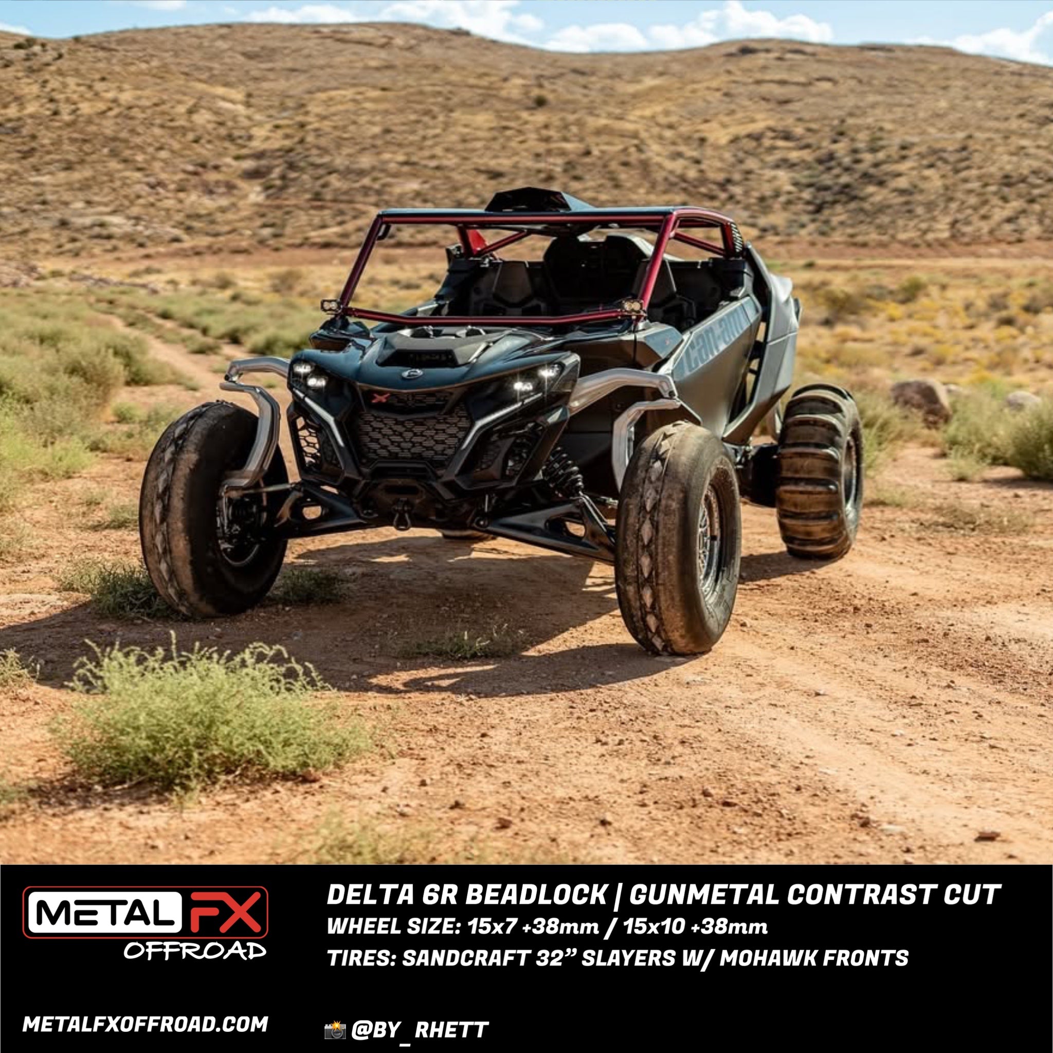 Delta 6R Beadlock wheels showcased on a UTV in a desert landscape, featuring a gunmetal contrast cut design.