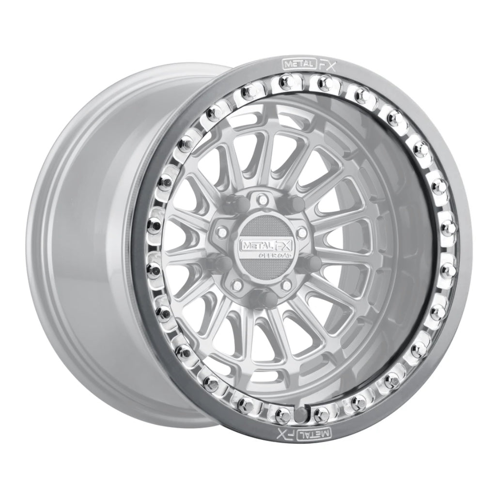 Replacement beadlock rings for UTV wheels displayed on a Metal FX wheel, showing design and structure.