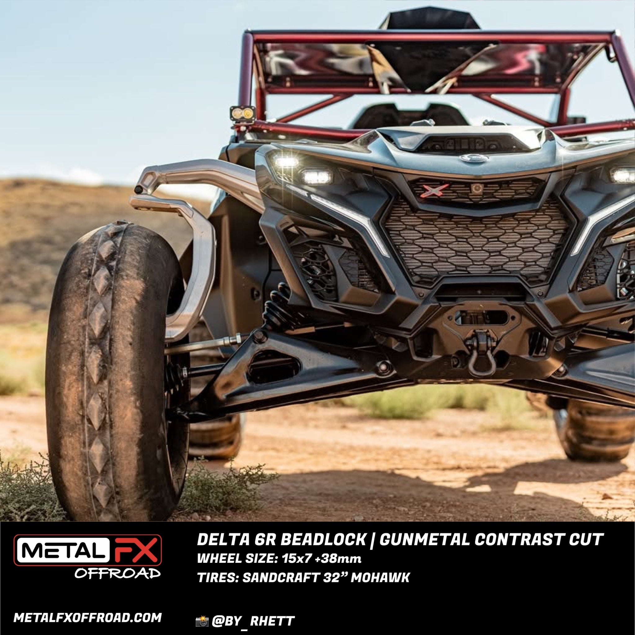 Delta 6R Beadlock wheels showcased on a Can-Am Maverick R with Gunmetal Contrast Cut design.