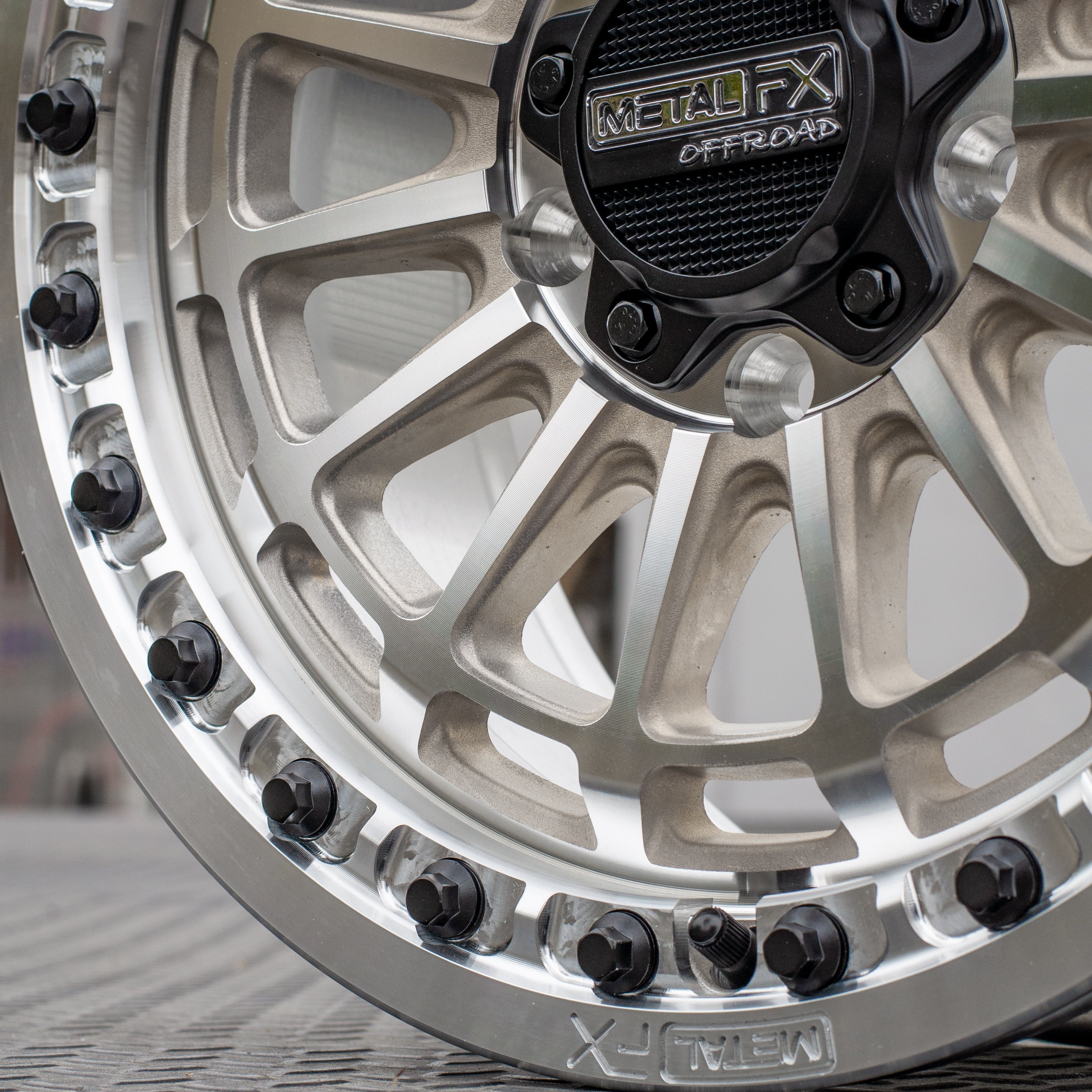 Close-up of Delta R beadlock wheels showcasing unique design and durable 6061-T6 Billet Beadlock by Metal FX Offroad.