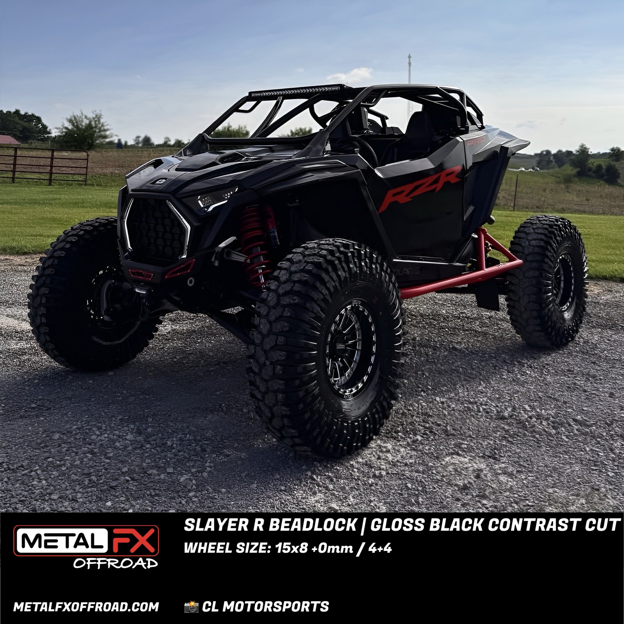 Slayer R Beadlock wheels black contrast cut showcased on a UTV with rugged terrain and offroad capability.