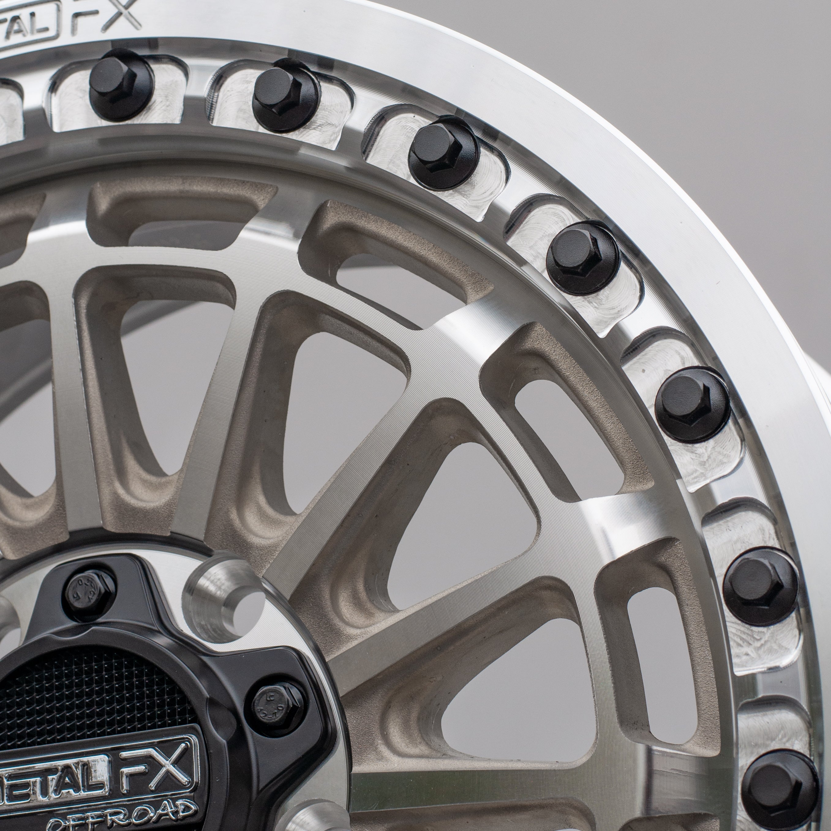 Close-up of Delta R beadlock wheels showcasing a unique concave center and durable 6061-T6 Billet Beadlock.