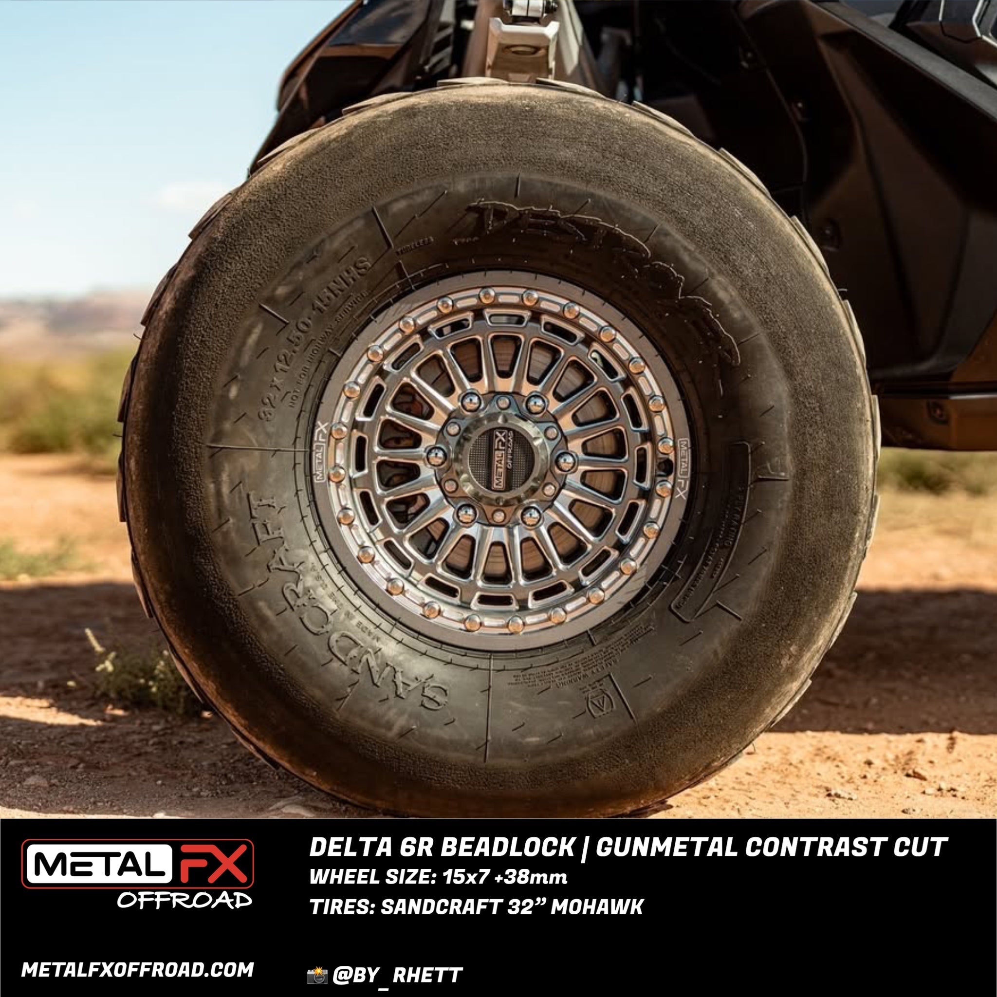 Delta 6R Beadlock wheels showcasing a gunmetal contrast cut design on a 15x7 inch wheel with Sandcraft tires.