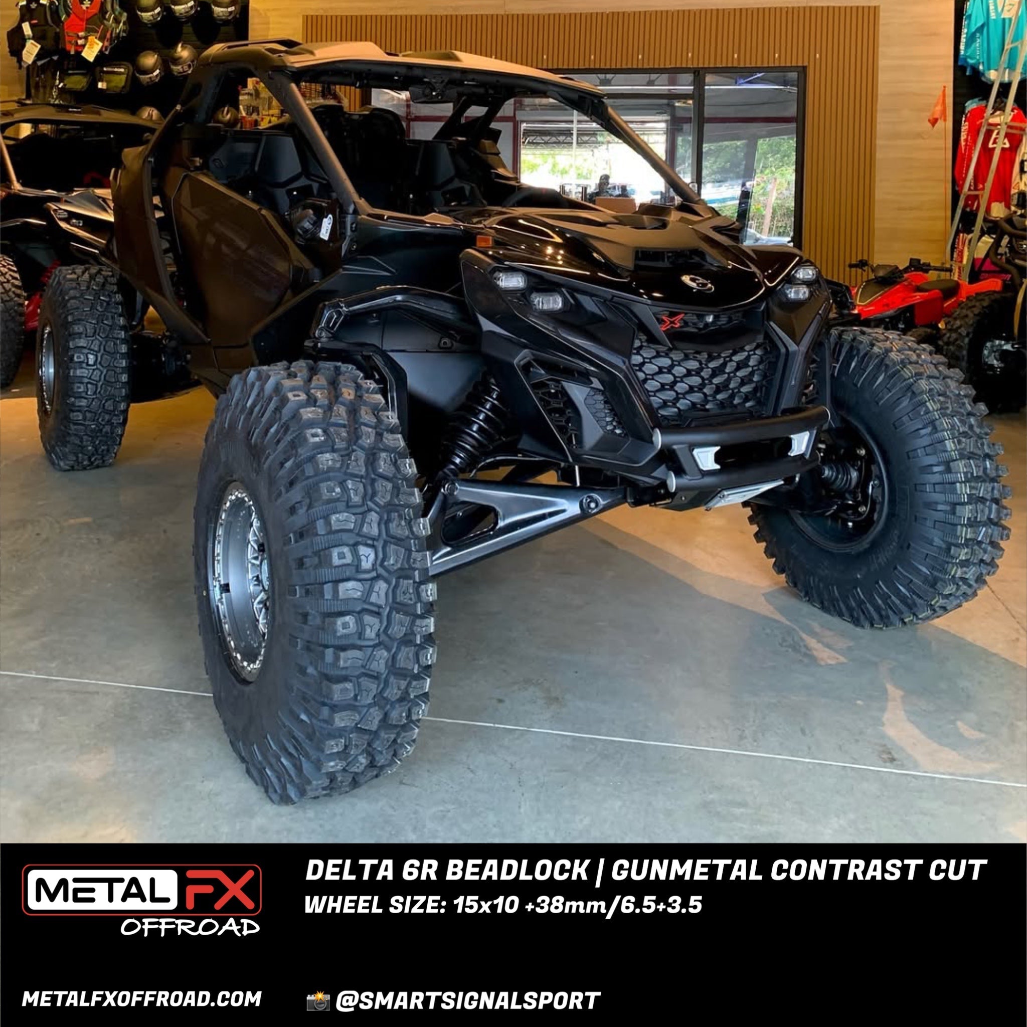 Delta 6R Beadlock wheels on a Can-Am Maverick R, showcasing gunmetal contrast cut design and rugged performance.