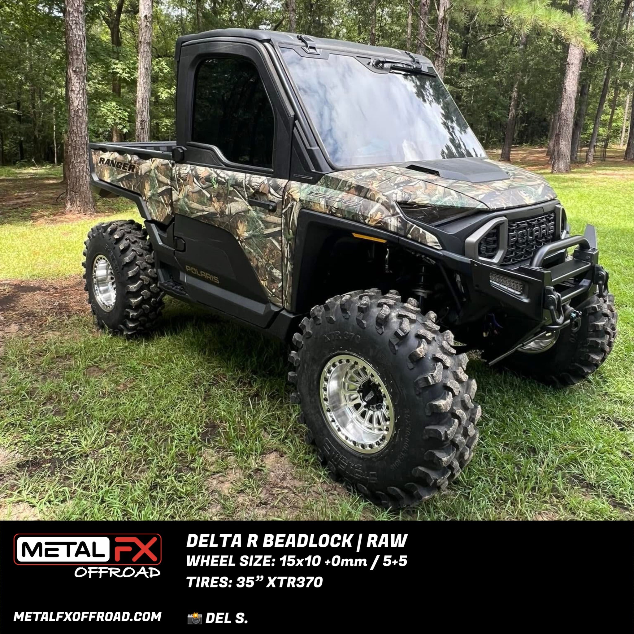 Delta R beadlock wheels on a UTV with camo design, showcasing strength and style in an outdoor setting.