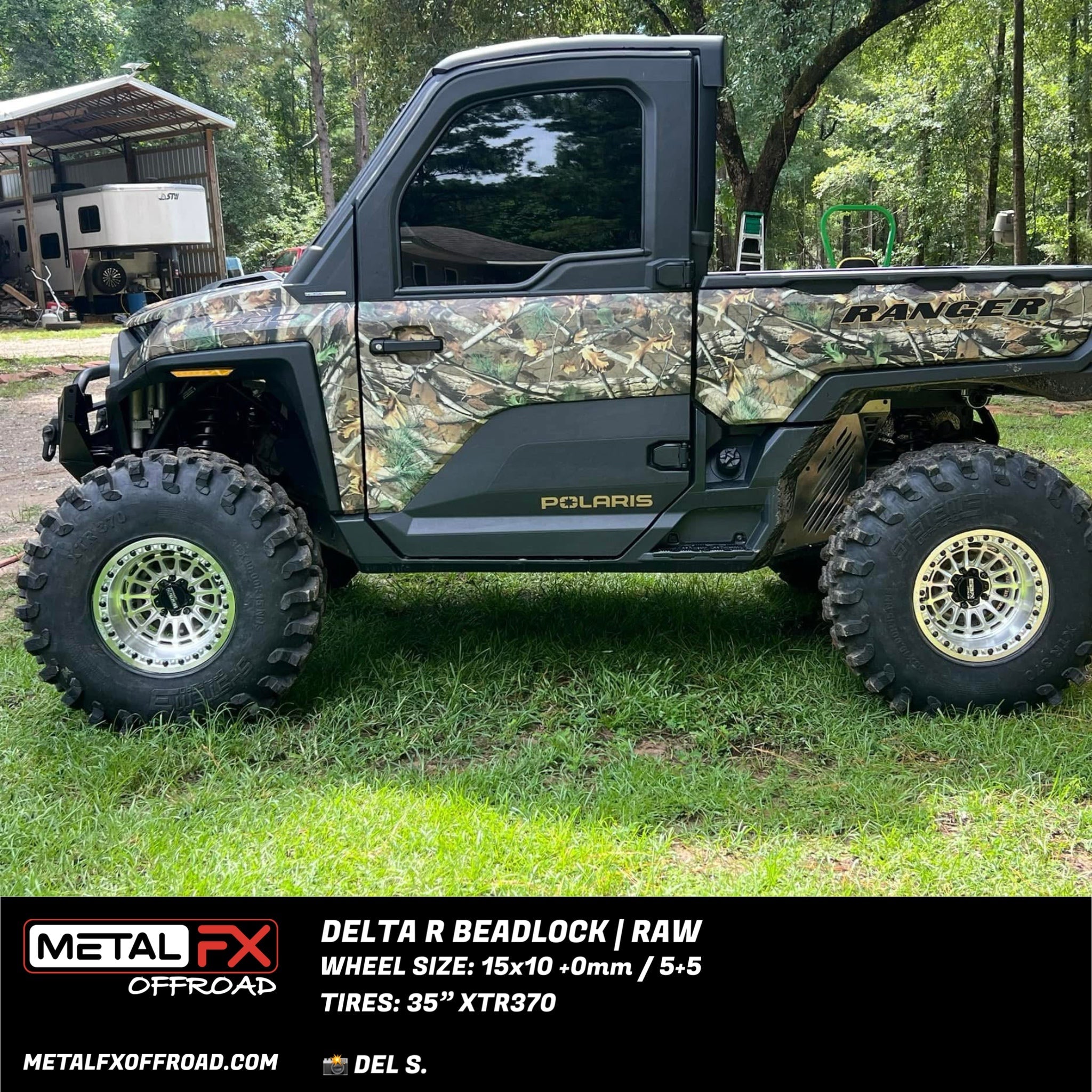 Delta R beadlock wheels showcased on a Polaris Ranger with camo design, featuring 15x10 rim size and 35" XTR370 tires.
