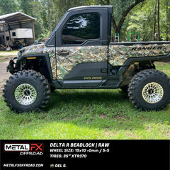 Delta R beadlock wheels showcased on a Polaris Ranger with camo design, featuring 15x10 rim size and 35" XTR370 tires.