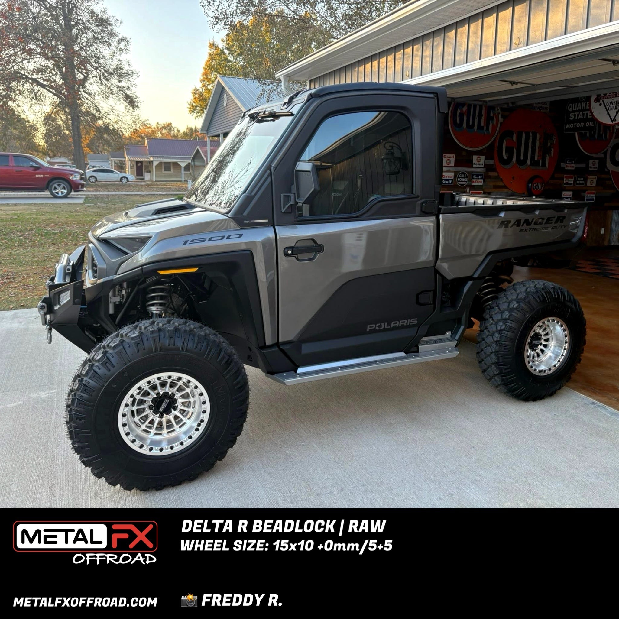 Delta R beadlock wheels on a Polaris Ranger, showcasing the 15x10 wheel size and a sleek design.