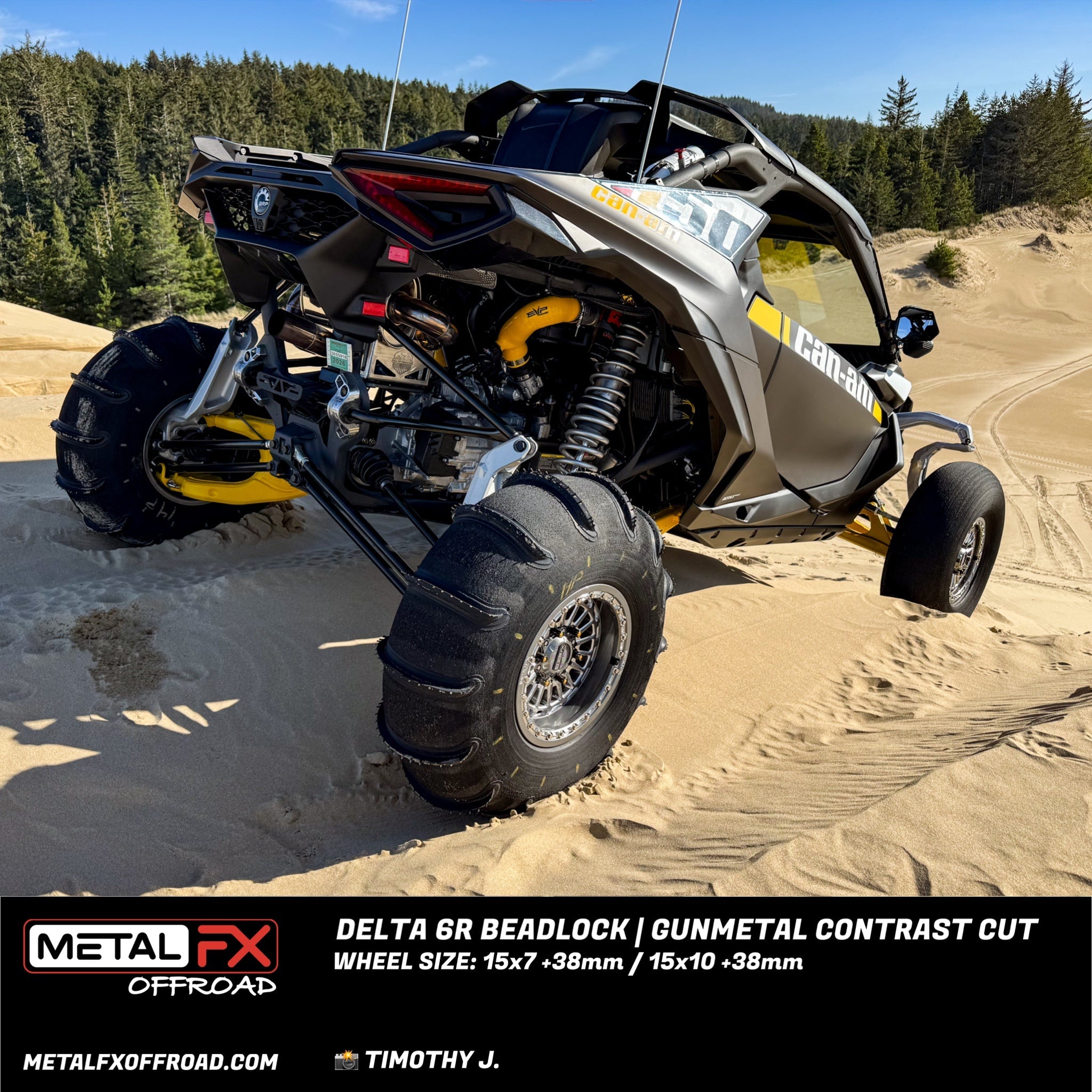 Delta 6R Beadlock wheels showcased on a Can-Am Maverick R in a sandy offroad environment.