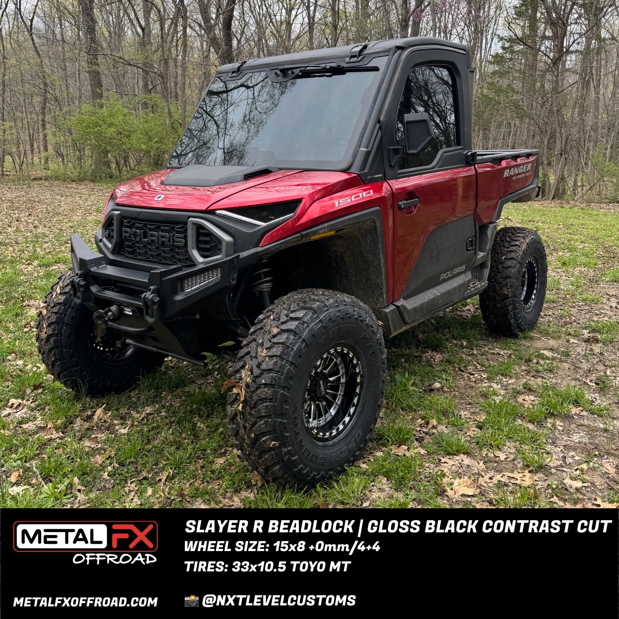 Slayer R Beadlock wheels black contrast cut on a Polaris UTV with rugged tires and offroad design.