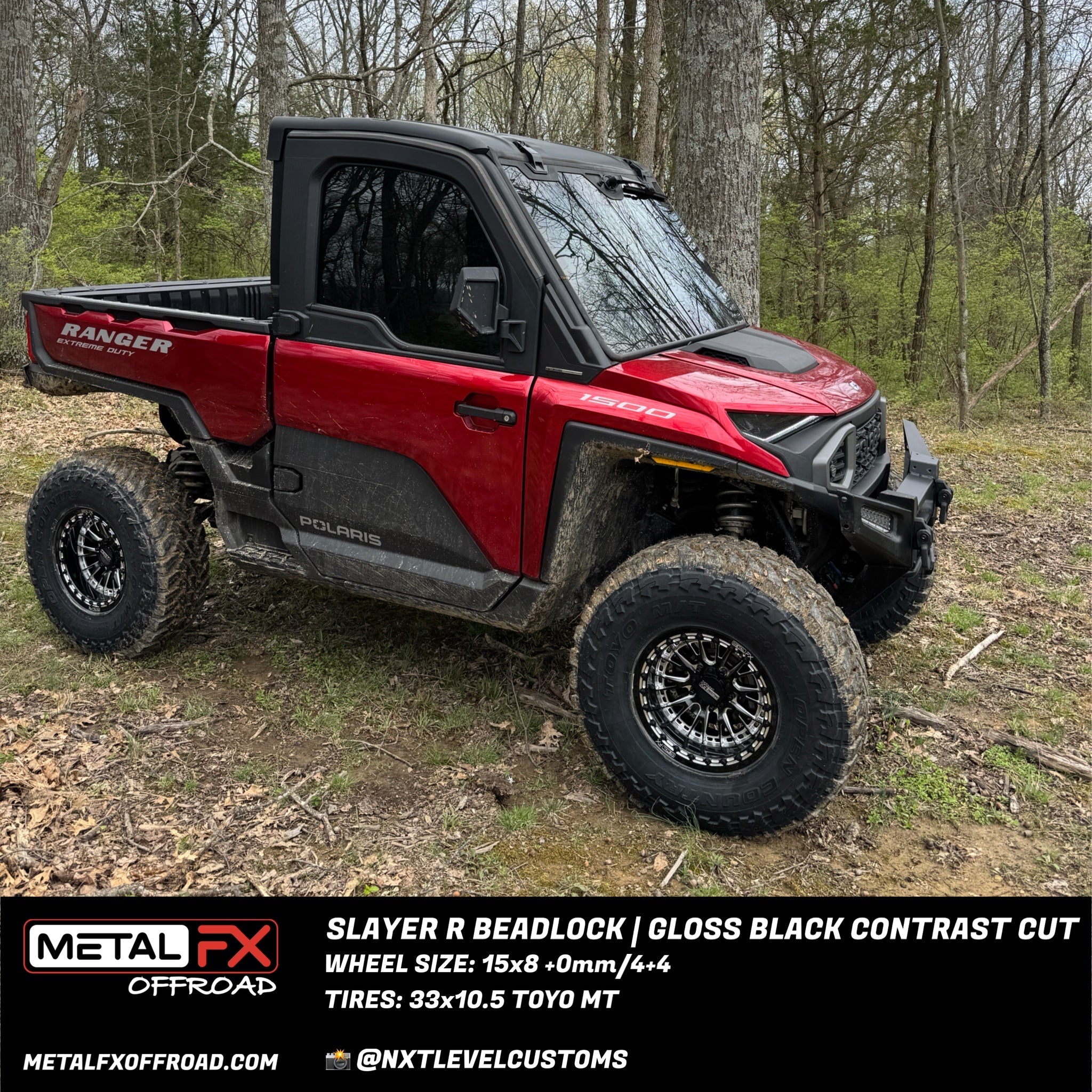 Slayer R Beadlock wheels black contrast cut on a Polaris Ranger, showcasing their stylish design and durability.
