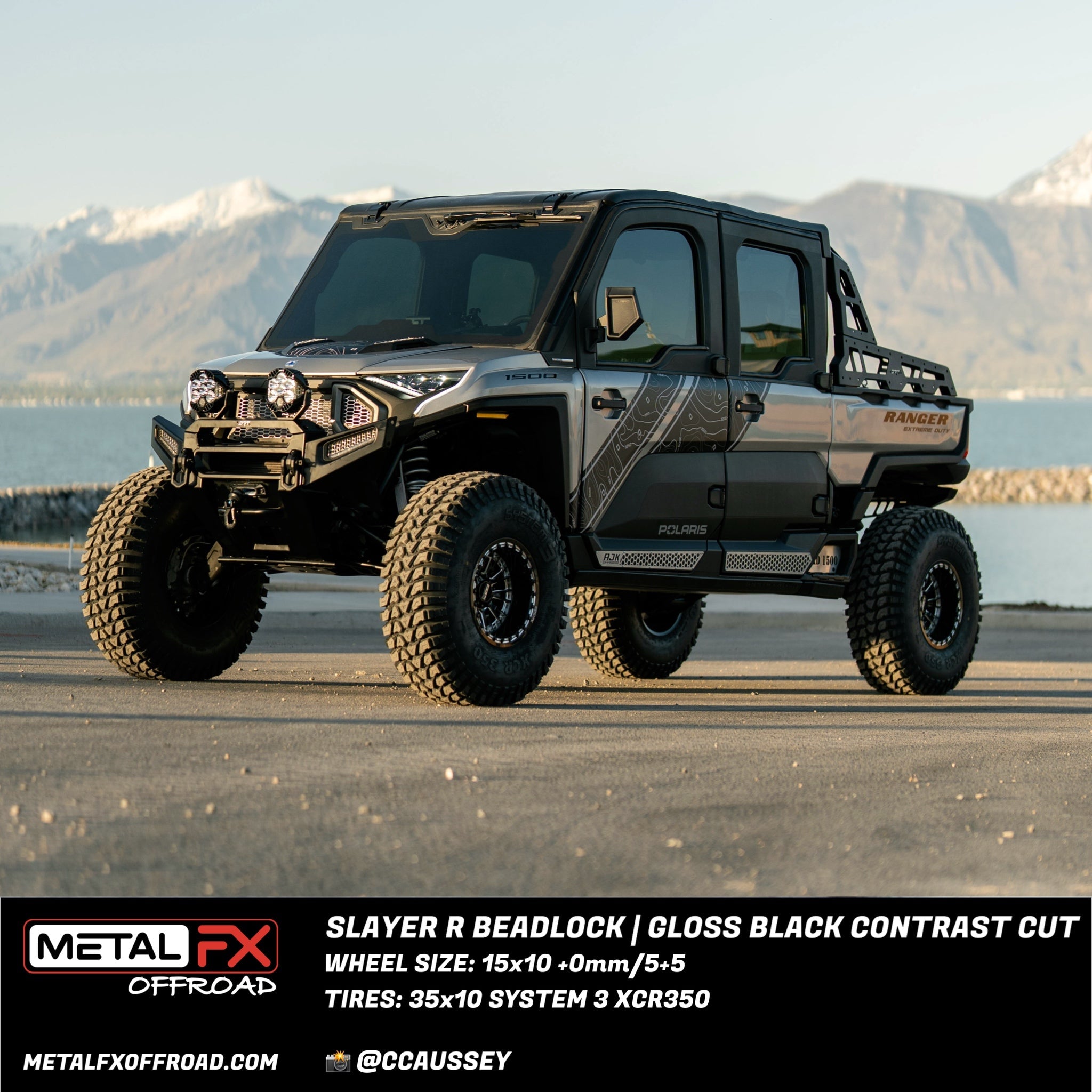 Slayer R Beadlock wheels black contrast cut on a UTV against a mountainous backdrop.