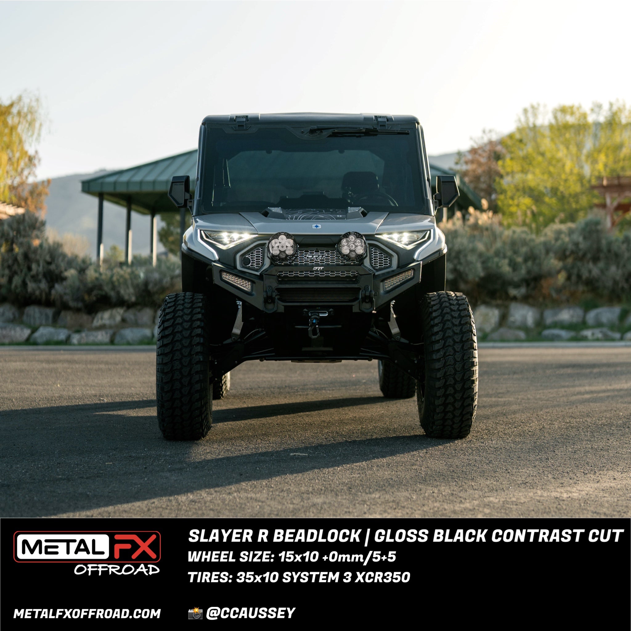 Slayer R Beadlock wheels black contrast cut on UTV with offroad tires and stylish design.