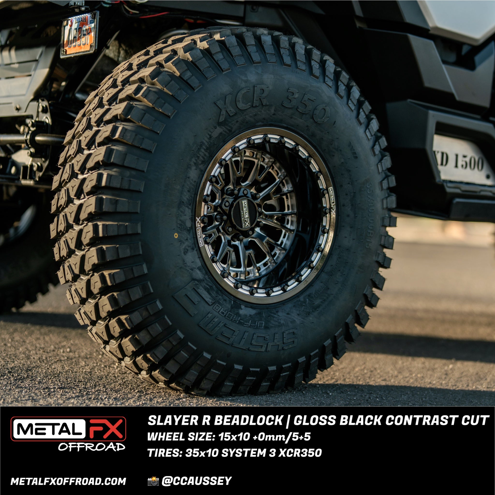 Slayer R Beadlock wheels black contrast cut on a rugged UTV tire with concave design and strong aluminum construction.