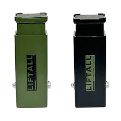 Green and black LIFTALL Floor Jack Extension for UTV wheels and tires, compatible with 2-4 ton jacks, powder coated for durability.