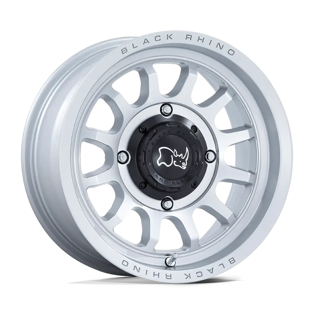 Black Rhino RAPID UTV performance wheel in silver with unique design and branding.