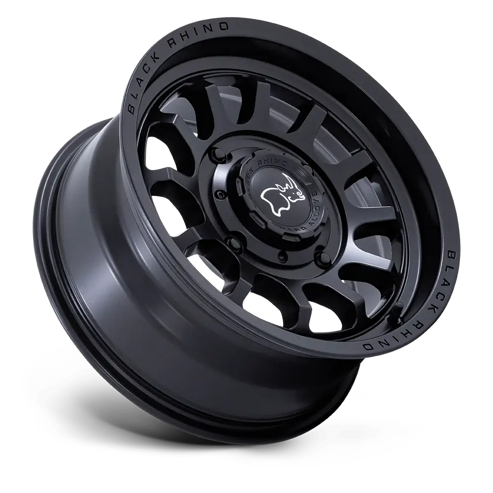 Black Rhino alloy wheel featuring sleek design for high-speed all-terrain utility vehicle performance.