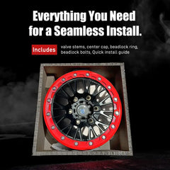 Performance wheels for challenging terrains with red beadlock and installation essentials.