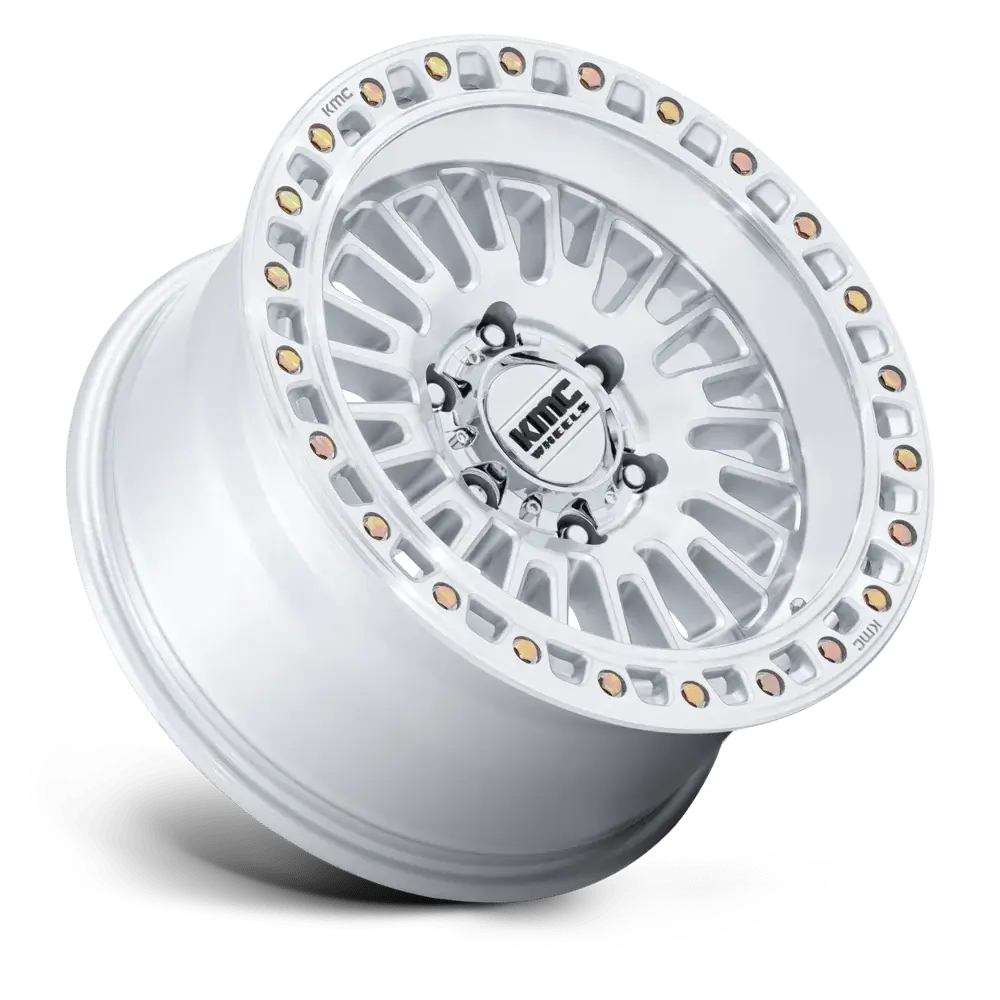 KMC AZTEC UTV wheels in Gloss Silver finish with rugged simulated beadlock ring design.