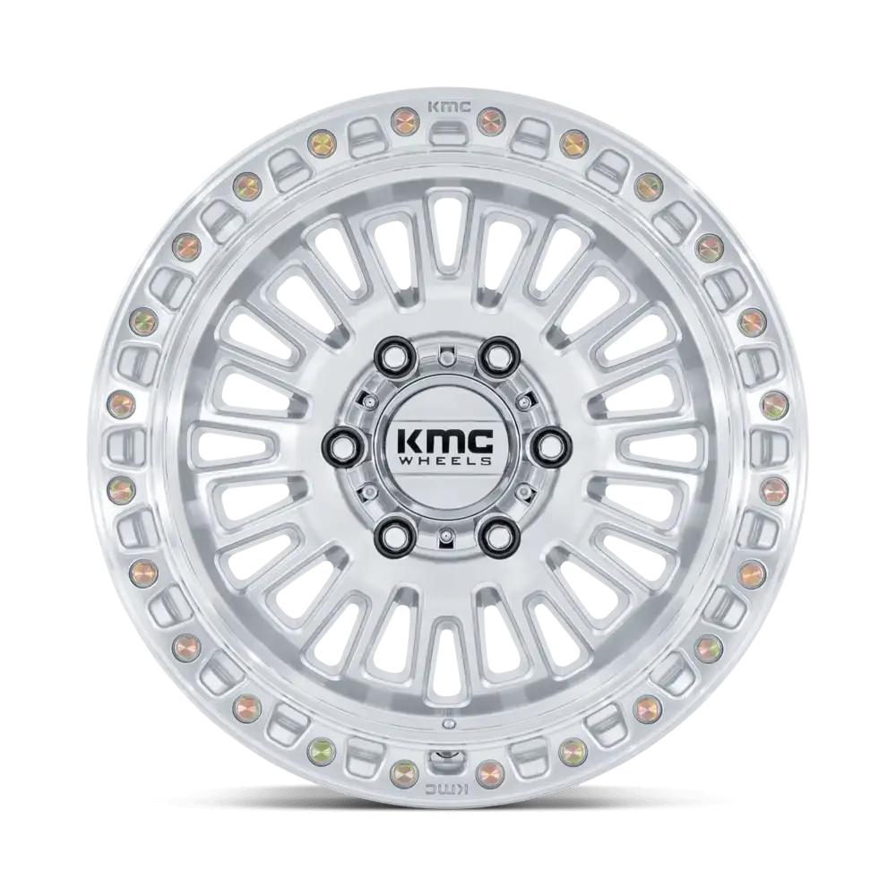 KMC AZTEC UTV wheels in Gloss Silver finish with simulated beadlock ring design.