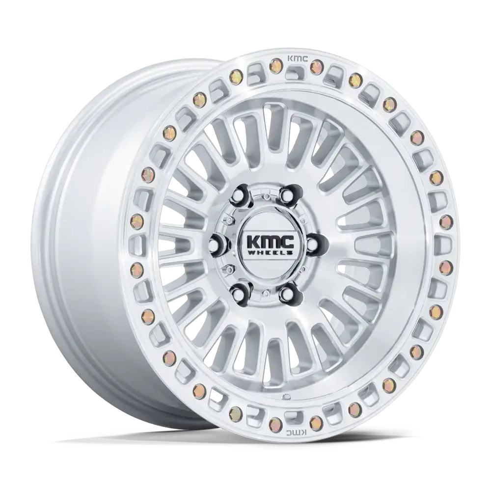 KMC AZTEC UTV wheels in Gloss Silver finish with rugged design and beadlock ring for street and trail performance.