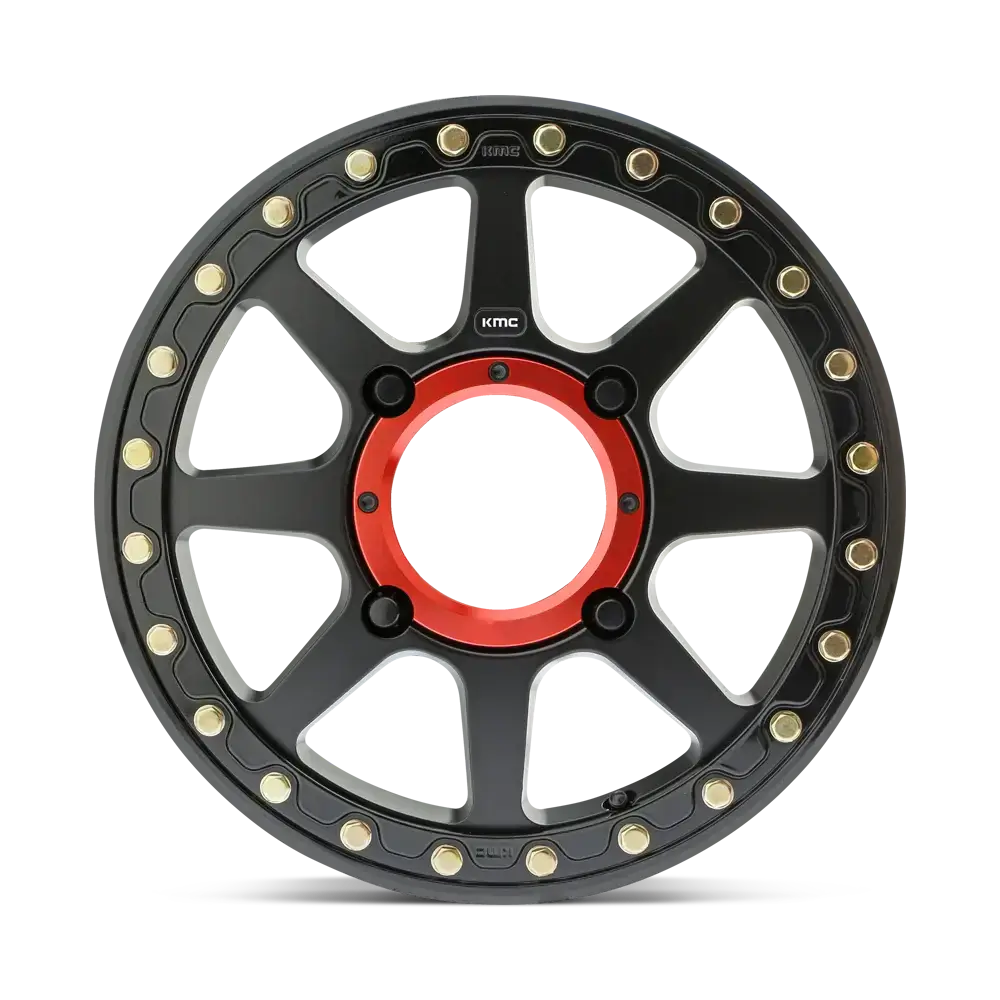 KMC KS234 Addict 2 Beadlock UTV wheel with anodized red center cap and eight-spoke design, ideal for performance UTV tires.