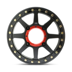 KMC KS234 Addict 2 Beadlock UTV wheel with anodized red center cap and eight-spoke design, ideal for performance UTV tires.