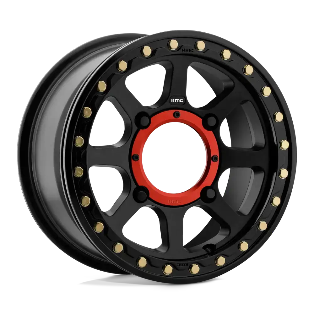 KMC Addict 2 Beadlock UTV wheel with red center cap and eight-spoke design, featuring zinc plated hardware for UTV tires.