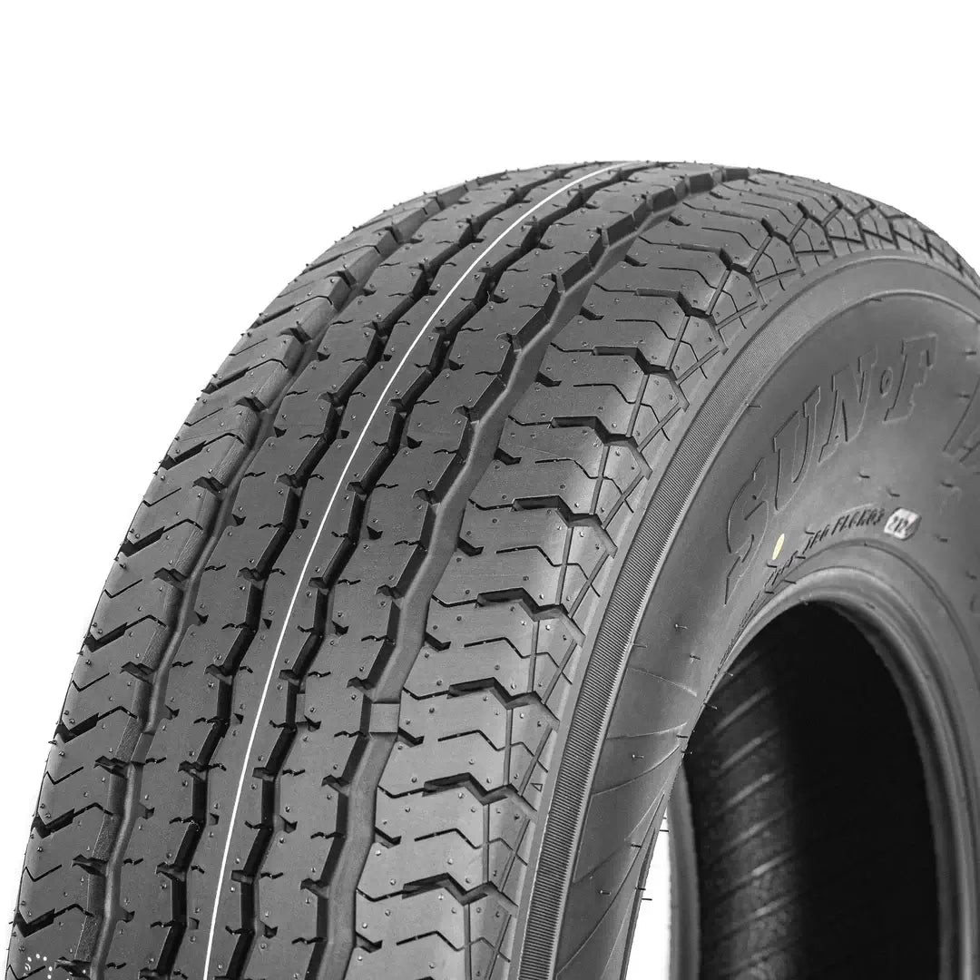 Close-up of SUNF HaulPro trailer tire featuring durable 8-ply construction for superior load capacity and performance.